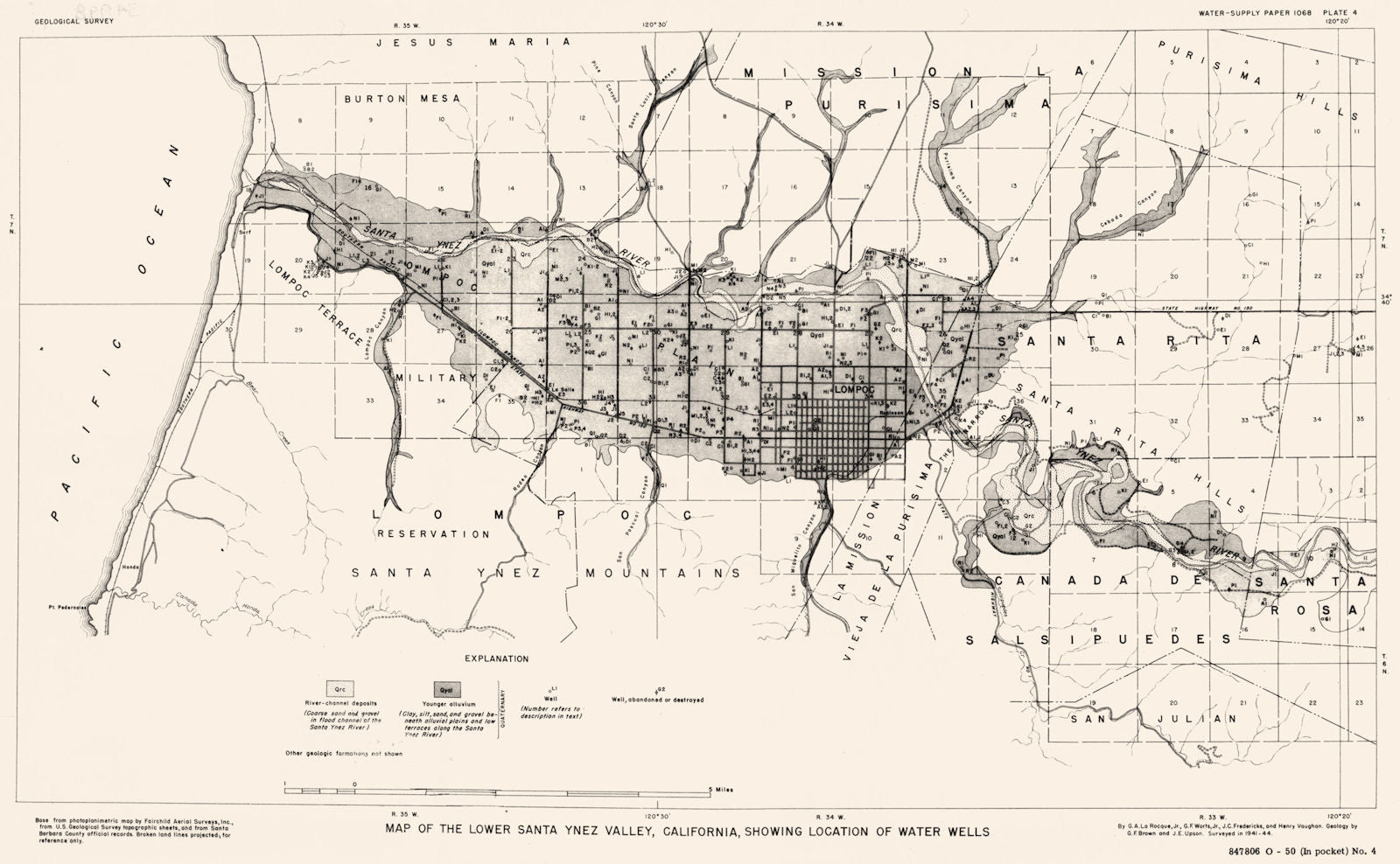 CALIFORNIA. Santa Barbara County. Map Lower Ynez Valley, water wells 1944